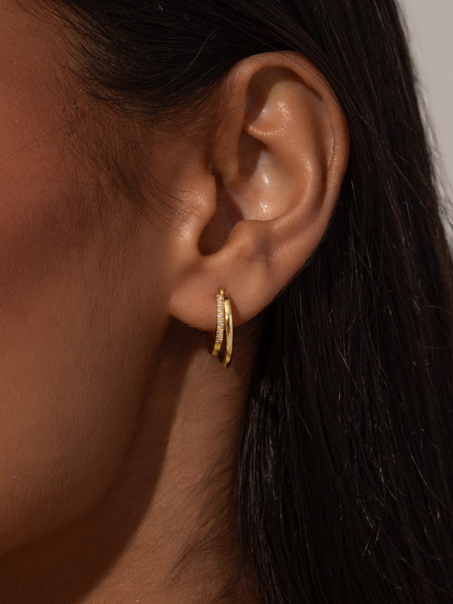 Vermeil Double Huggie Earrings | Gold Vermeil | Model Image | Uncommon James
