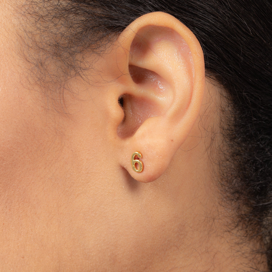 Number Six Single Stud Earring | Gold | Model Image 2 | Uncommon James
