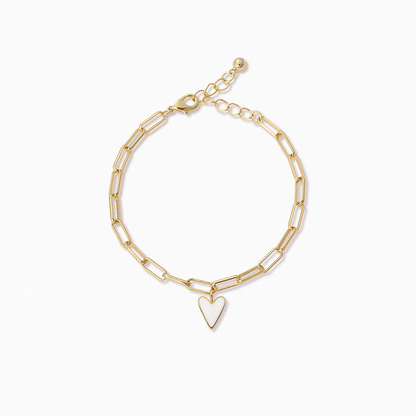 White Enamel Heart + Paperclip Chain Bracelet in Gold | Uncommon James