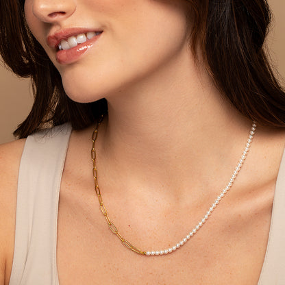 Split Personality Pearl Necklace | Gold | Model Image | Uncommon James