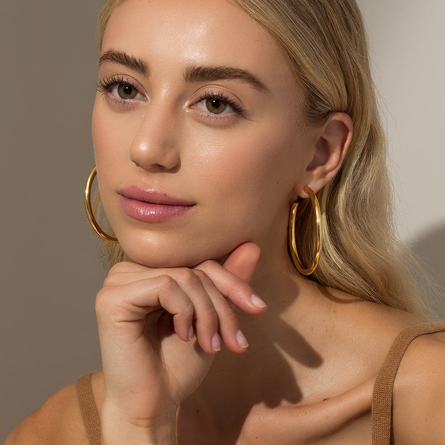 Classic Thick Gold Hoops Large | Gold | Model Image 2 | Uncommon James