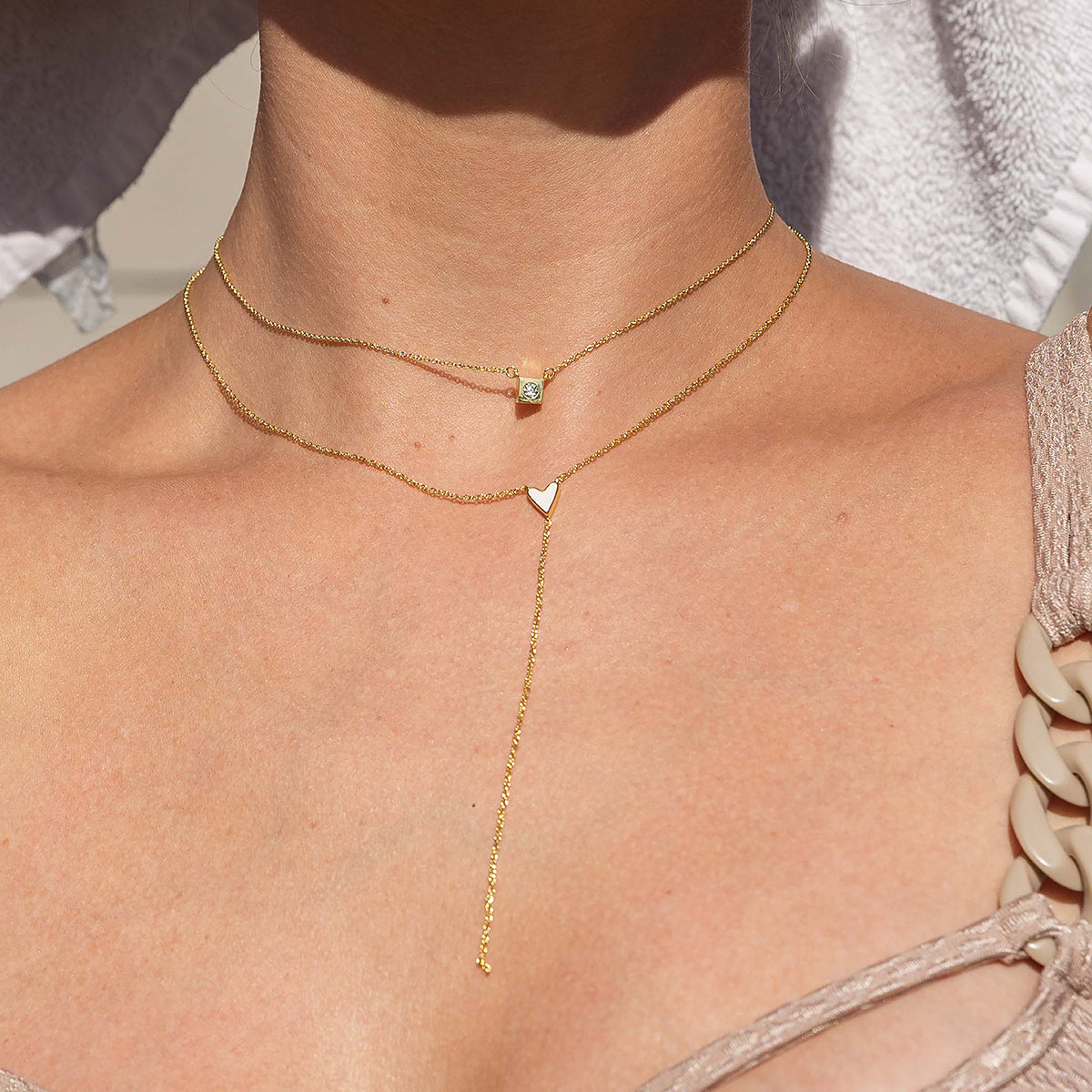 Amour Lariat Necklace | Gold | Model Image | Uncommon James