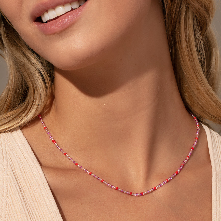 Beaded Necklace | Pink Red Long | Model Image | Uncommon James