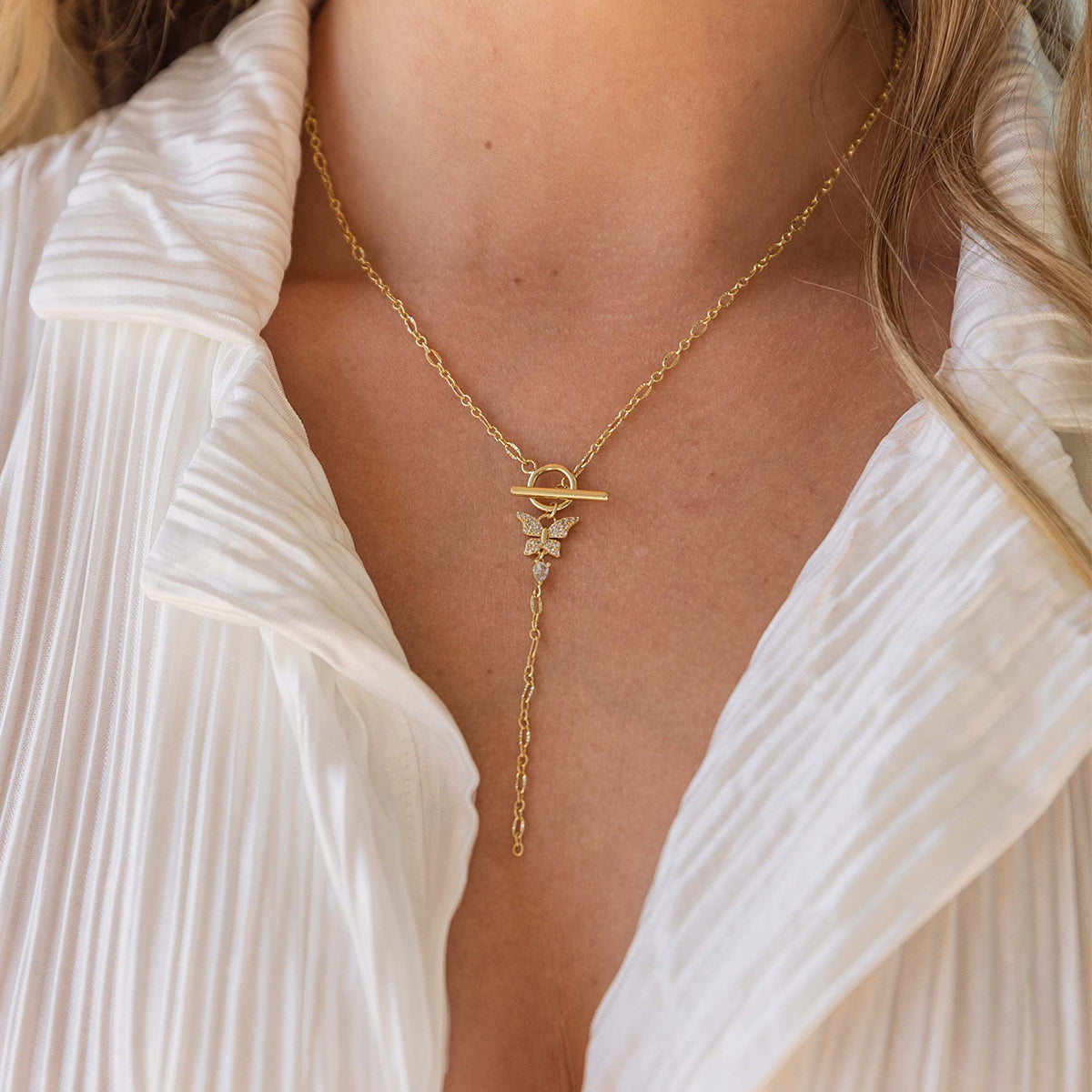 Butterfly Lariat Necklace | Gold | Model Image | Uncommon James