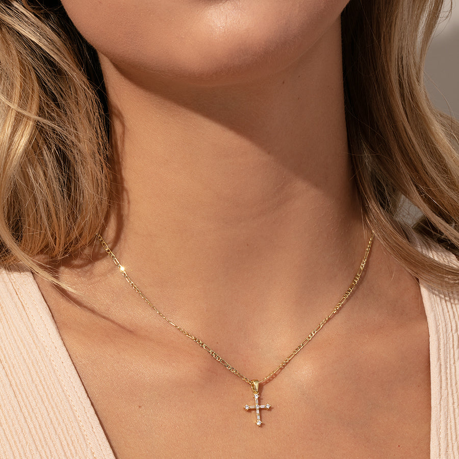 Cross and Chain Necklace | Gold | Model Image | Uncommon James