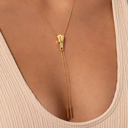 ["Adjustable Zipper Necklace ", " Gold ", " Model Image 2 ", " Uncommon James"]