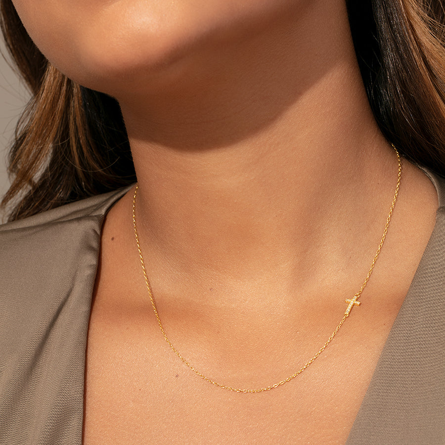 Side Cross Vermeil Necklace | Gold Vermeil | Model Image | Uncommon James