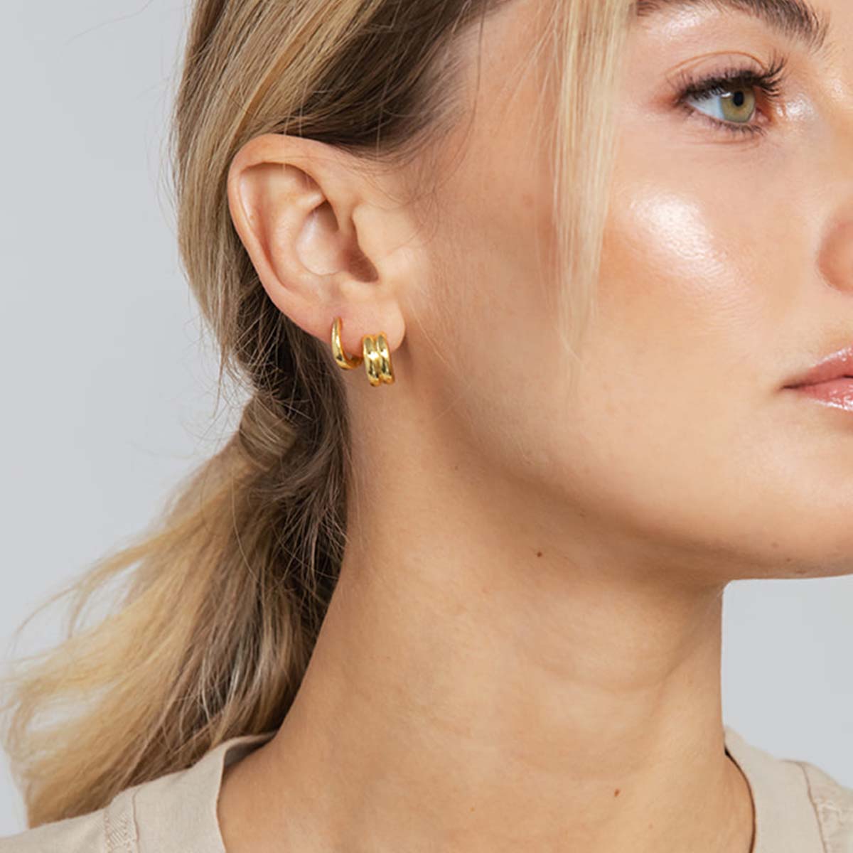 Double Vermeil Huggies Earrings | Gold Vermeil | Model Image | Uncommon James